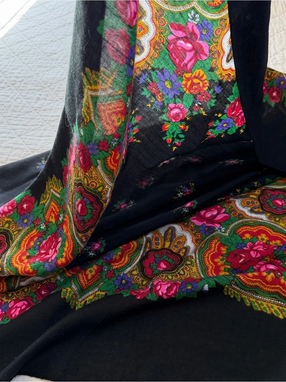 Vintage Russian Wool Floral Square Shawl Black Folk Scarf Wrap 50”x50”
